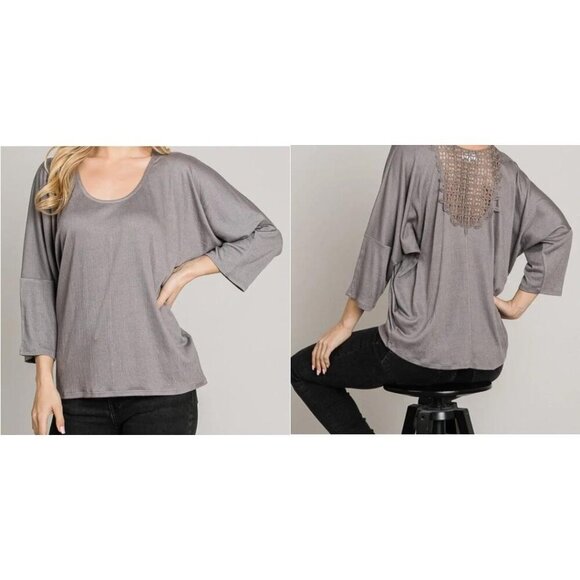 Crinkle Knit Top with Lace Back & Bracelet Sleeves – Relaxed Fit Comfort NWT - Picture 1 of 8